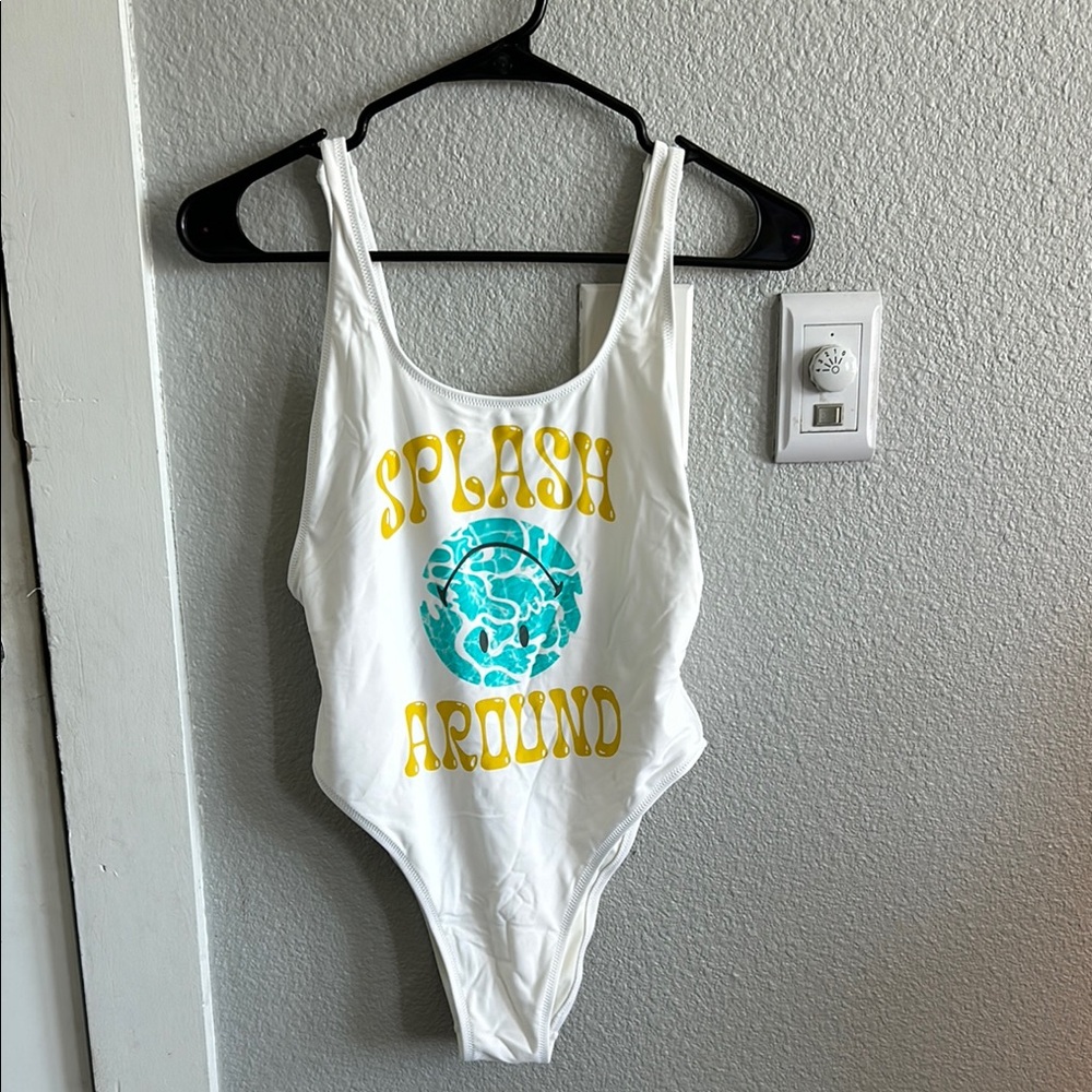 Aerie White Swimsuit with Yellow and Blue Design
